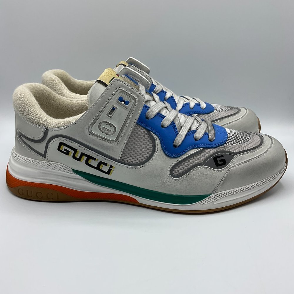 Gucci Ultrapace Leather & Mesh Sneakers White Blue Mens Size UK 10 US 10.5 - Picture 2 of 13